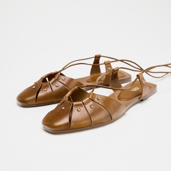 Zara Leather Tied Cage Sandals Brown NWT - Picture 1 of 6